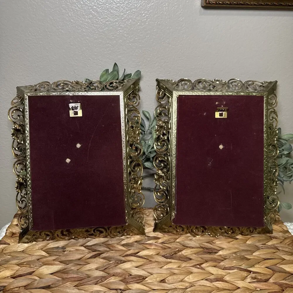 Vintage Pair Ornate Gold Cream Metal Filigree 5x7 Picture Frames Wall Hanging